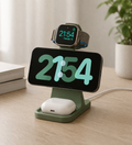 Smartphone, smartwatch, and wireless earbuds on a charging stand with digital display.